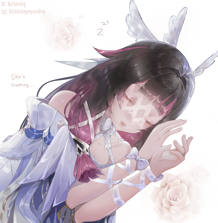 1girl, arm_ribbon, bare_shoulders, black_hair, blunt_bangs, bow, closed_eyes, closed_mouth