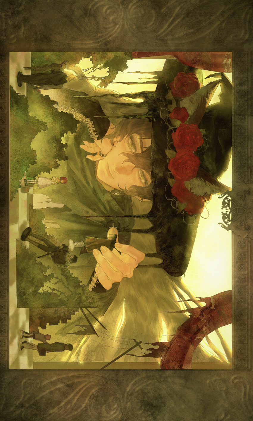 1boy, abandoned, absurdres, animal_ears, black_cloak, black_hat, black_sleeves, border