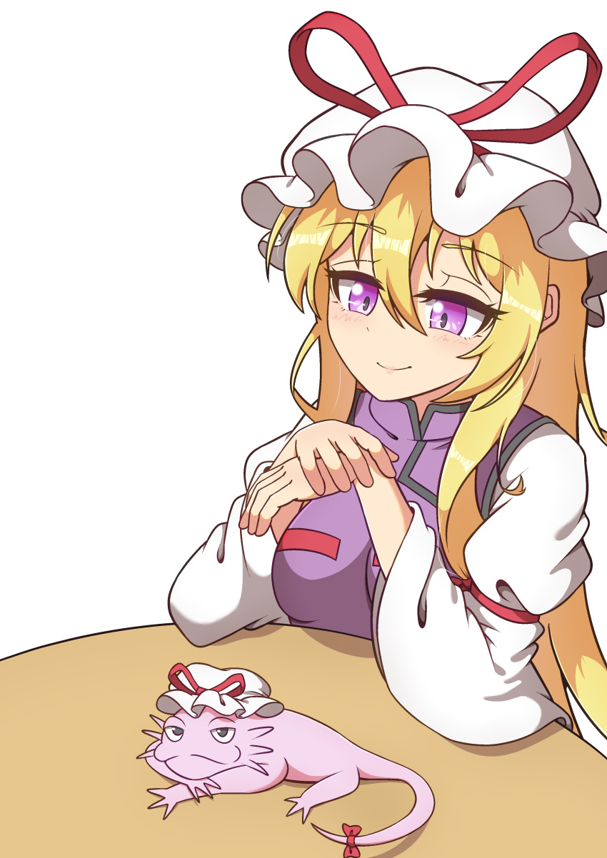 1girl, absurdres, animal, axolotl, ayuyu_yuka03, blonde_hair, blush, closed_mouth