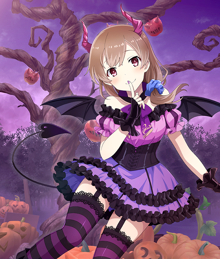 1girl, bare_shoulders, bat_wings, black_corset, black_garter_straps, black_gloves, blue_scrunchie, blush