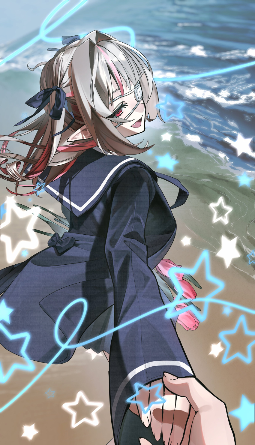 1girl, 1other, :d, absurdres, back_bow, beach, blazer, blue_bow