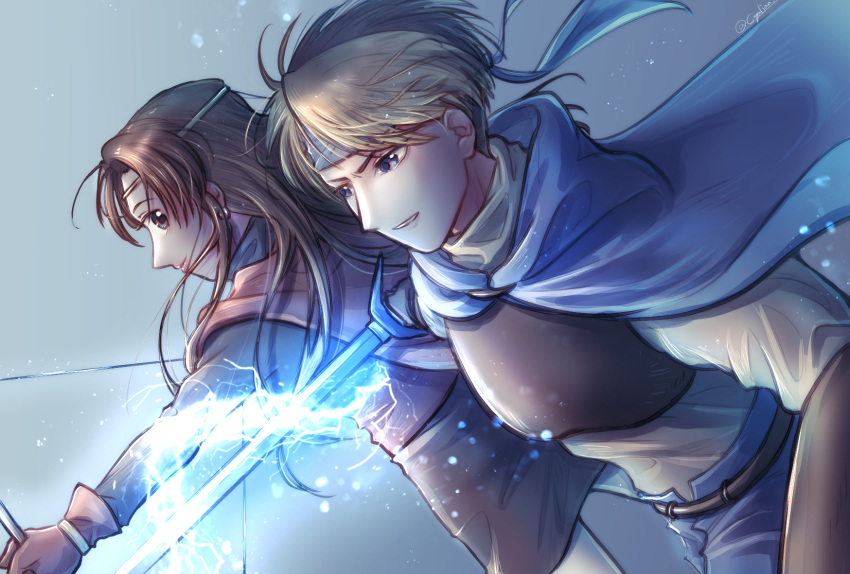 1boy, 1girl, blonde_hair, blue_cape, bow_(weapon), brown_hair, cape, cassini-kaya, circlet, closed_mouth, commentary_request, dress, earrings, flik_(suikoden), gensou_suikoden, gensou_suikoden_i, gloves, headband, highres, holding, holding_sword, holding_weapon, jewelry, lightning, long_hair, magic, odessa_silverberg, short_hair, skirt, smile, sword, weapon