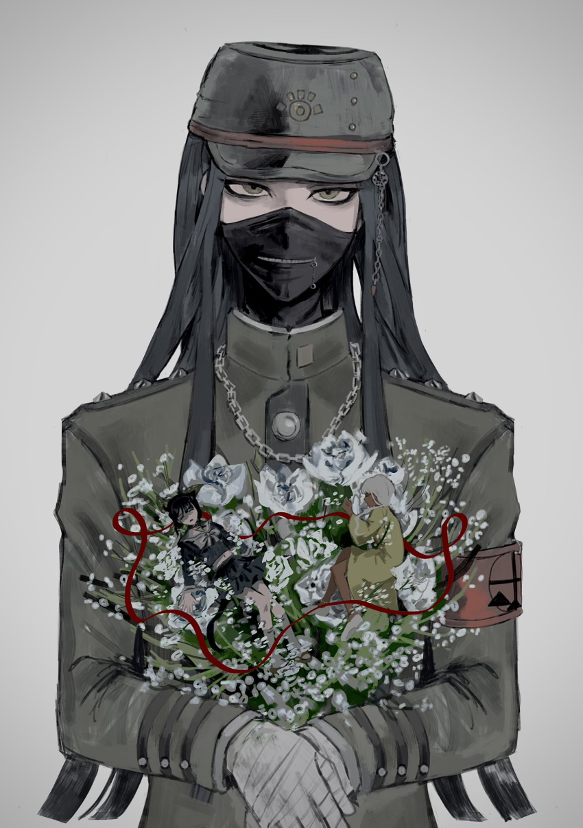 1boy, 2girls, bandaged_hand, bandages, bouquet, chabashira_tenko, danganronpa_(series), danganronpa_v3:_killing_harmony, green_eyes, green_jacket, grey_hair, highres, holding, holding_bouquet, holding_mini_person, jacket, long_hair, looking_at_viewer, male_focus, mask, mini_person, mouth_mask, multiple_girls, pitta_(oshirinokeeeee), shinguji_korekiyo, solo, straight-on, yonaga_angie