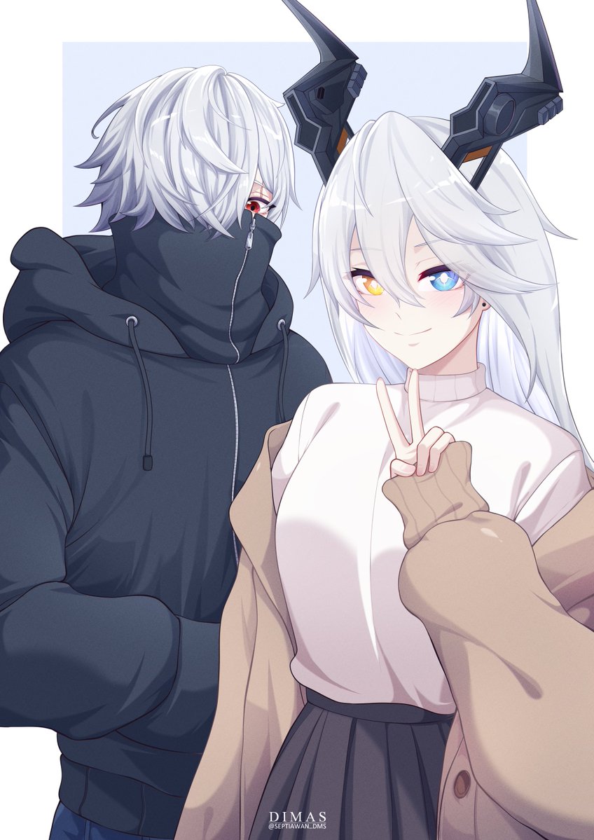 1boy, 1girl, black_hoodie, black_skirt, blue_eyes, brown_coat, coat, commentary