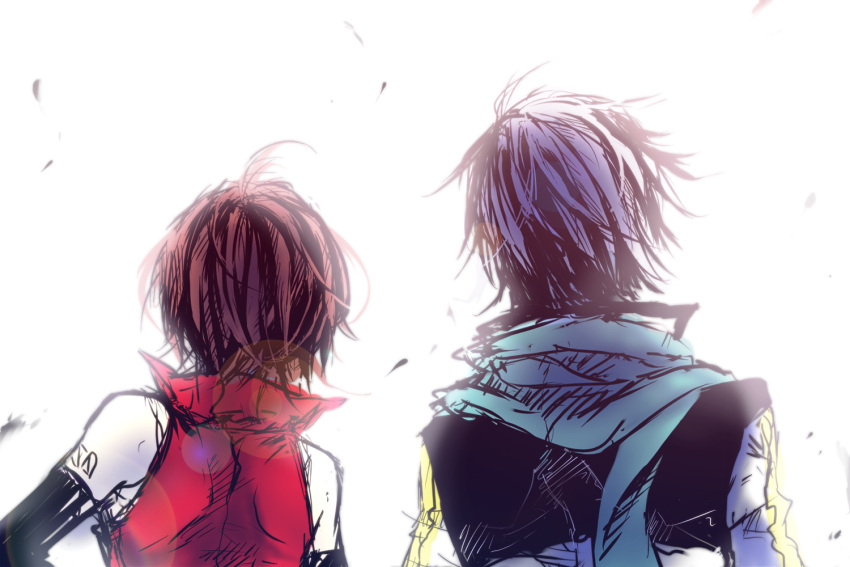 blue_hair, brown_hair, elbow_gloves, from_behind, kaito, meiko, muro_(ninimohu), open_collar