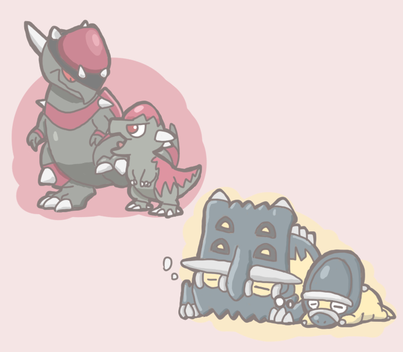 alternate_color, animal_focus, bastiodon, closed_eyes, closed_mouth, commentary_request, cranidos, lying