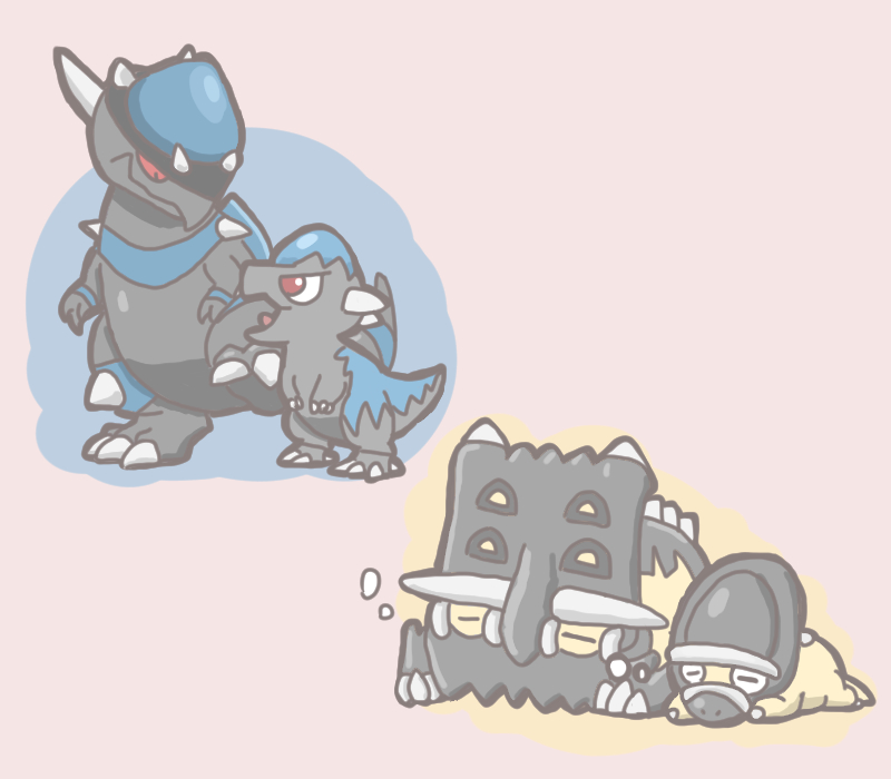 animal_focus, bastiodon, closed_eyes, closed_mouth, commentary_request, cranidos, lying, no_humans