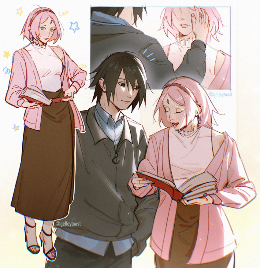 1boy, 1girl, black_eyes, black_hair, black_pants, black_sandals, blue_shirt, book
