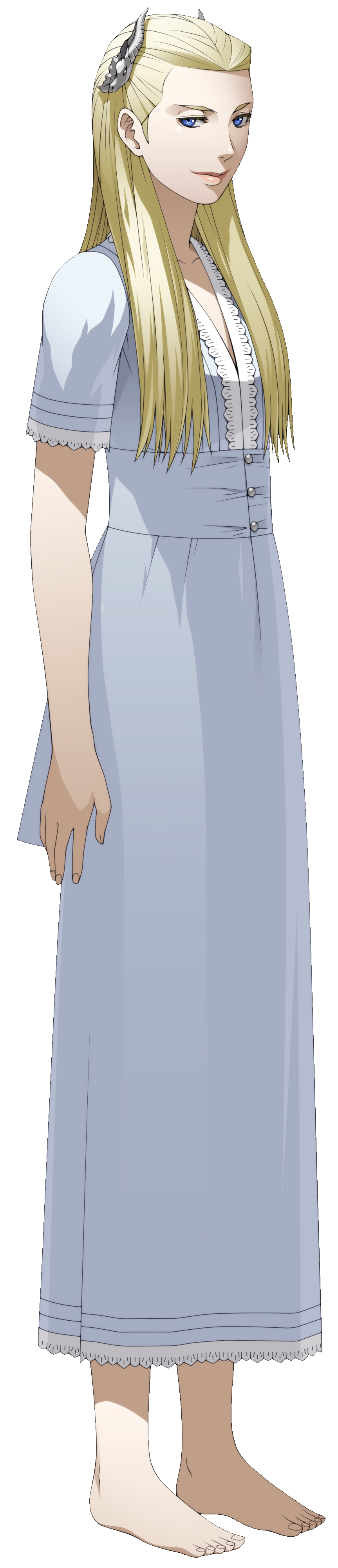 1girl, absurdres, barefoot, blonde_hair, blue_eyes, dress, full_body, hair_ornament