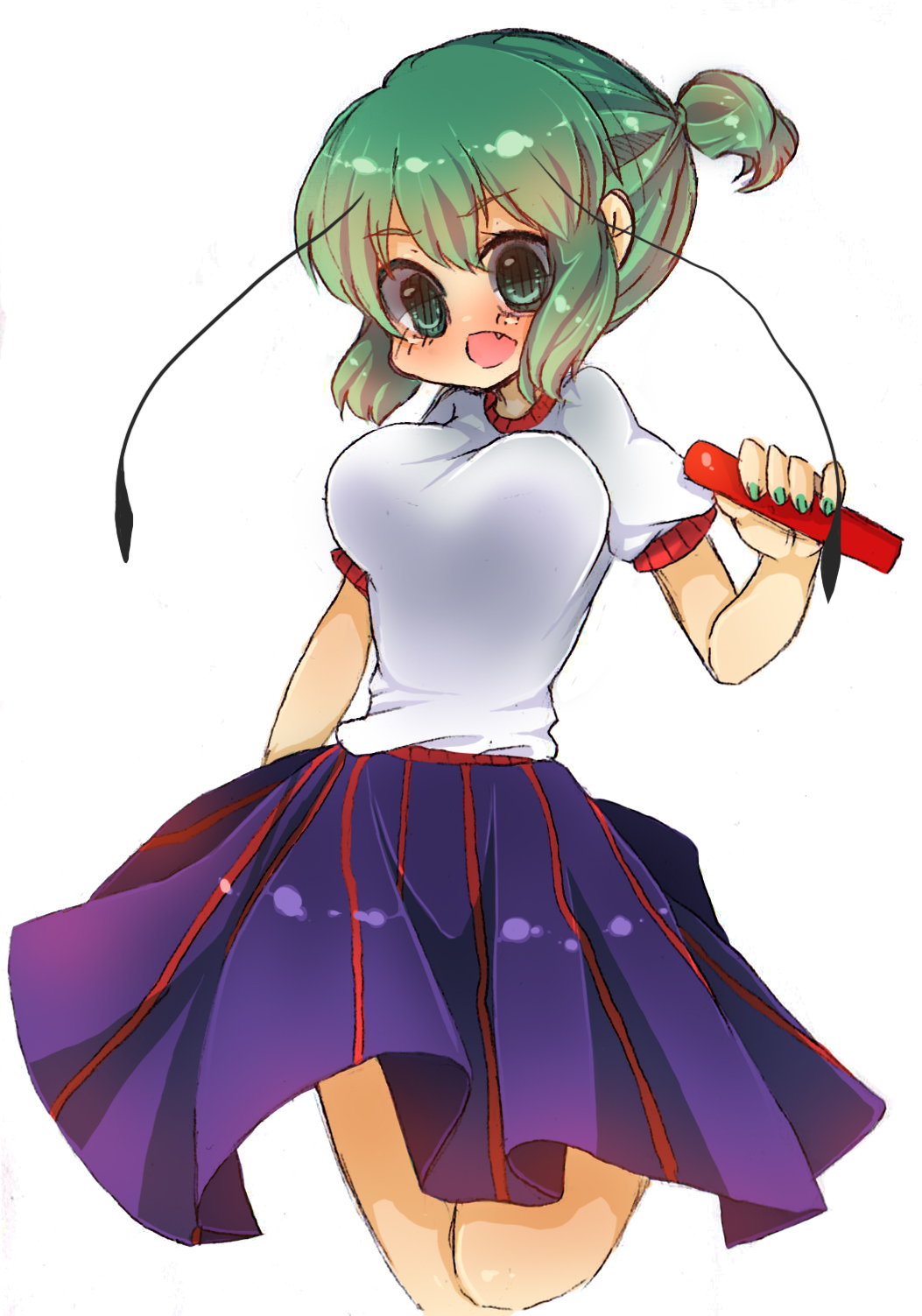 alternate_hairstyle, antennae, cosplay, green_eyes, green_hair, highres, hoshiguma_yuugi, hoshiguma_yuugi_(cosplay)