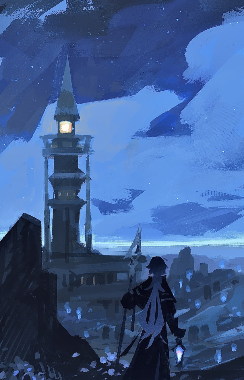 1boy, black_capelet, black_coat, blue_hair, blue_theme, building, capelet, ciearcab