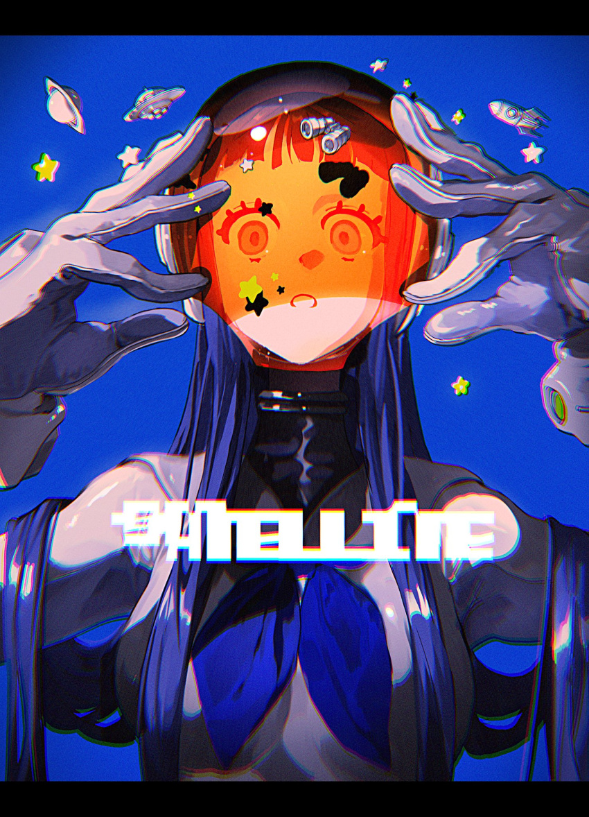 1girl, binoculars, blue_background, blue_hair, blunt_bangs, commentary, decided_218, gloves