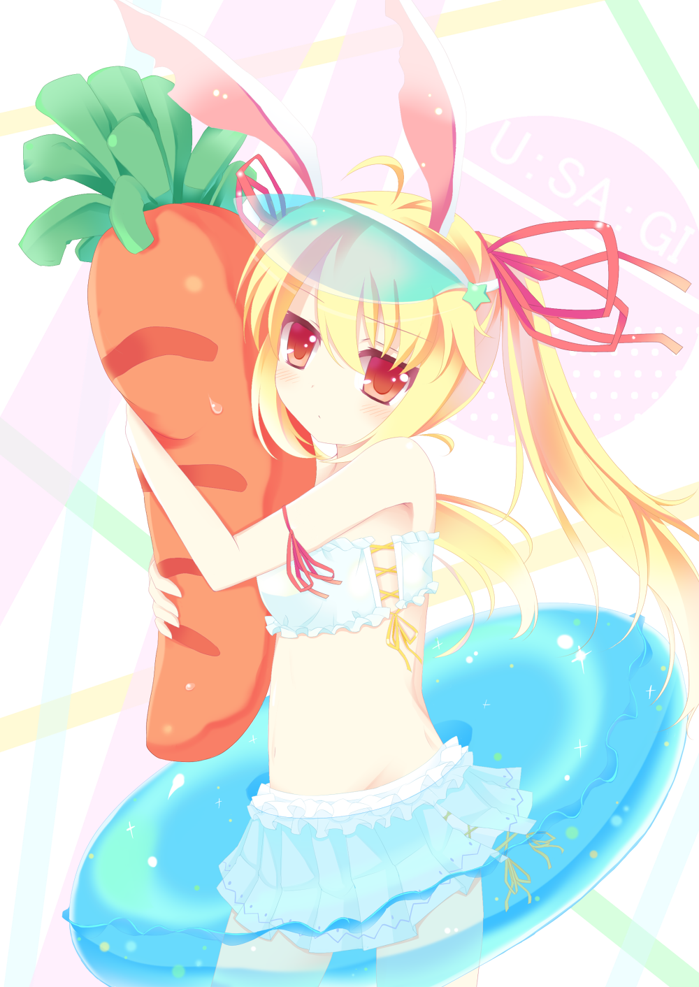 animal_ears, blonde_hair, blush, bunny_ears, carrot, hair_ribbon, highres, innertube