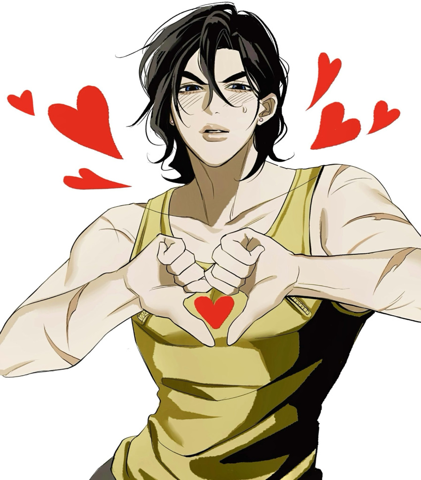 1boy, alternate_hairstyle, black_hair, blue_eyes, blush, collarbone, commentary_request, diamond_wa_kudakenai