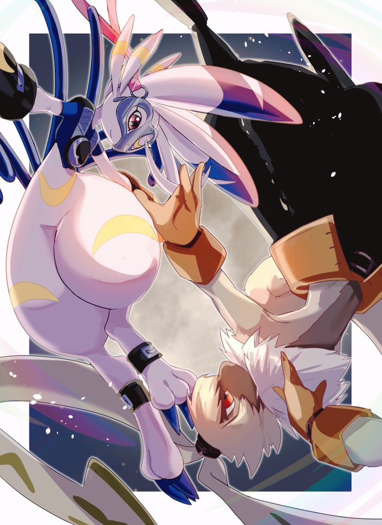 1boy, 1girl, black_pants, brown_eyes, crescent, digimon, digimon_(creature), lekismon, mask, moon, pants, rabbit, rotational_symmetry, smile, symbareangoramon, takeda_conomi, violet_eyes