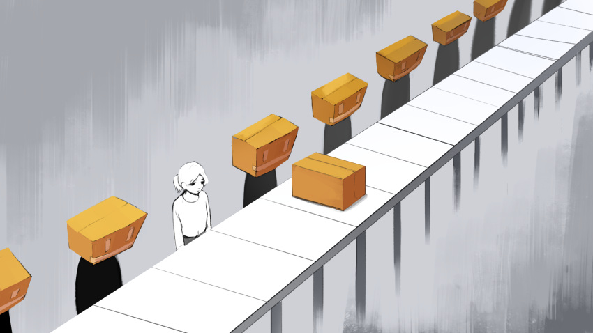 1girl, 6+others, angela_he, box, cardboard_box, conveyor_belt, cowboy_shot, hair_bun