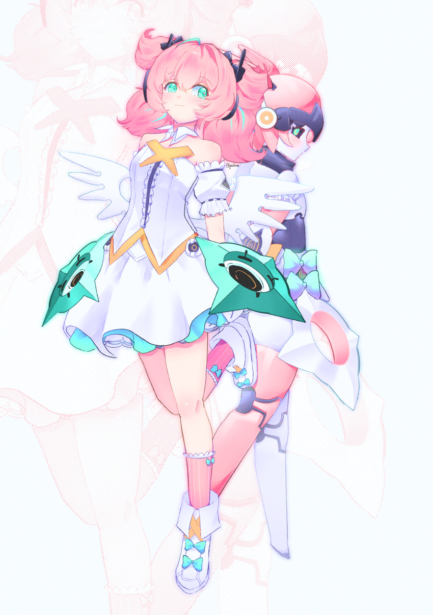2girls, absurdres, ahoge, aqua_skirt, aqua_streaks, back-to-back, bare_shoulders, black_sclera
