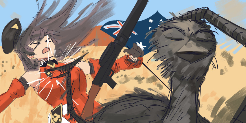 >_<, absurdres, australian_flag, beret, black_hat, brown_hair, commentary, detached_sleeves
