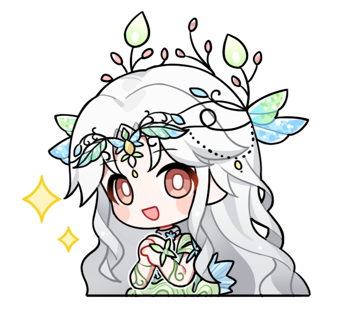 1girl, artist_request, beads, blue_flower, blue_wings, blush_stickers, bright_pupils, brown_eyes
