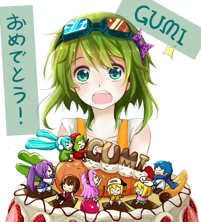 cake, character_name, chibi, food, goggles, goggles_on_head, green_eyes, green_hair, gumi, hair_bow, hair_ornament, happy_birthday, hatsune_miku, kagamine_len, kagamine_rin, kaito, kamui_gakupo, matryoshka_(vocaloid), megurine_luka, meiko, miniboy, minigirl, sakia, short_hair, silent_sakia, surprised, vocaloid