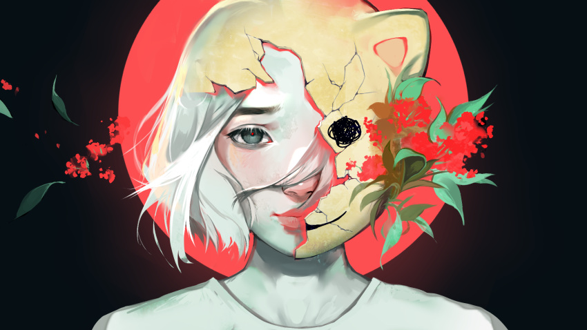 1girl, aegyo_sal, angela_he, blue_eyes, bob_cut, broken_mask, facing_viewer, falling_leaves, flower, growing_out_of_body, highres, leaf, mask, moon, non-web_source, official_art, one_eye_covered, portrait, red_moon, shirt, short_hair, smile, solo, straight-on, t-shirt, white_hair, white_shirt, you_left_me