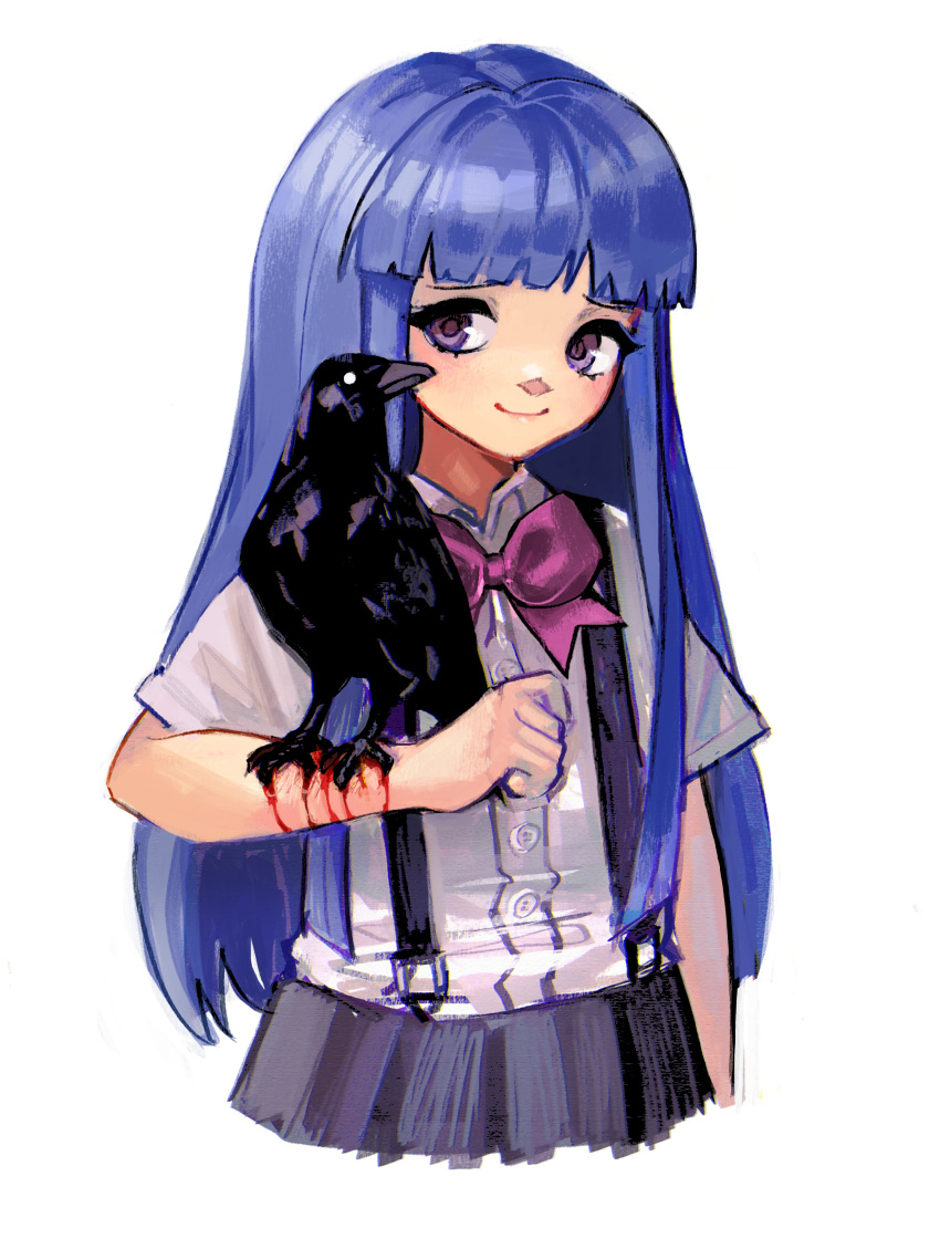 1girl, absurdres, bird, blood, blue_hair, blunt_bangs, bow, closed_mouth, commentary, crow, furude_rika, highres, higurashi_no_naku_koro_ni, hime_cut, injury, long_hair, meltted, school_uniform, skirt, smile, solo, st._lucia_academy_school_uniform, suspender_skirt, suspenders, violet_eyes