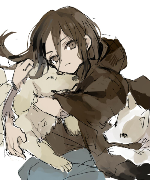 brown_eyes, brown_hair, cloak, dog, hug, inukashi, long_hair, no.6