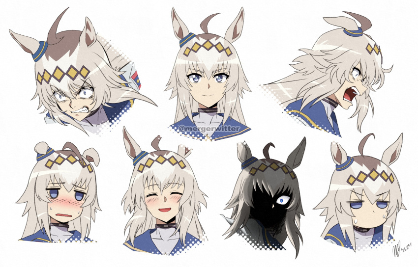 ahoge, animal_ears, blue_eyes, clenched_teeth, closed_mouth, commentary, grey_hair, highres