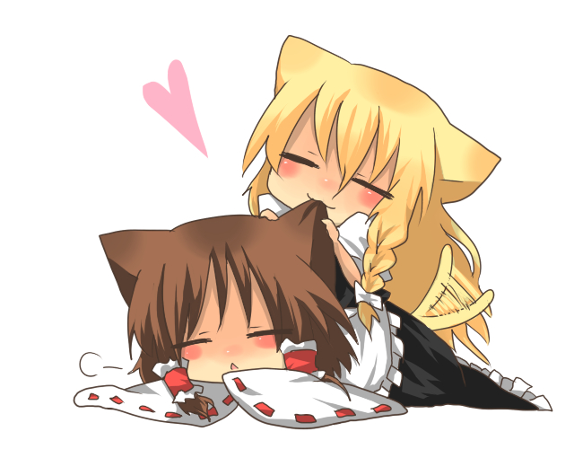 alternate_hairstyle, animal_ears, biting, cat_ears, cat_tail, chibi, ear_biting, hakurei_reimu