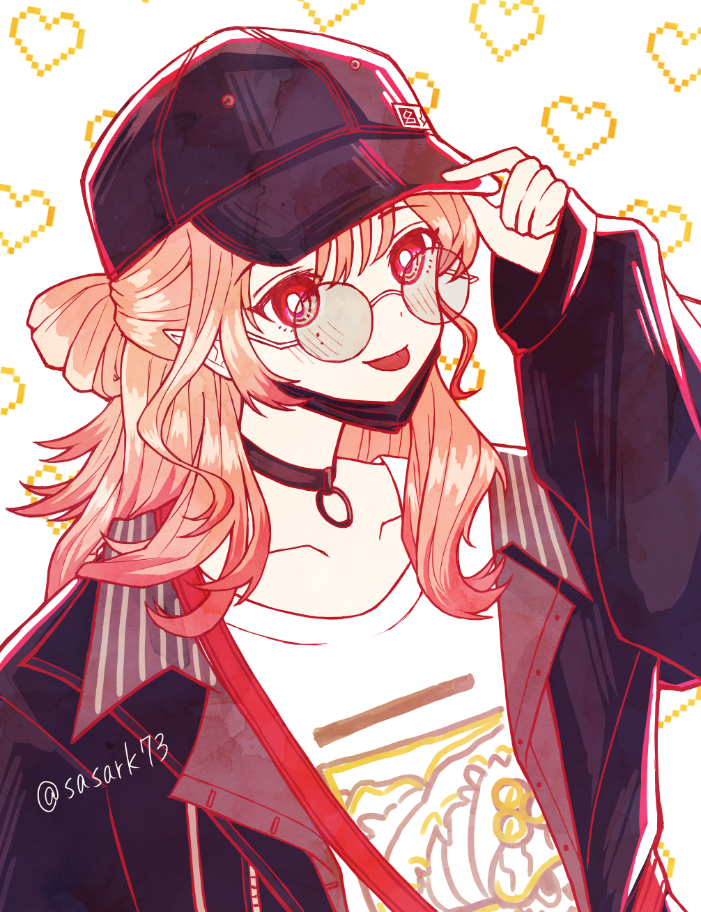 1girl, :p, arknights, black_choker, black_hat, black_jacket, blush, bright_pupils