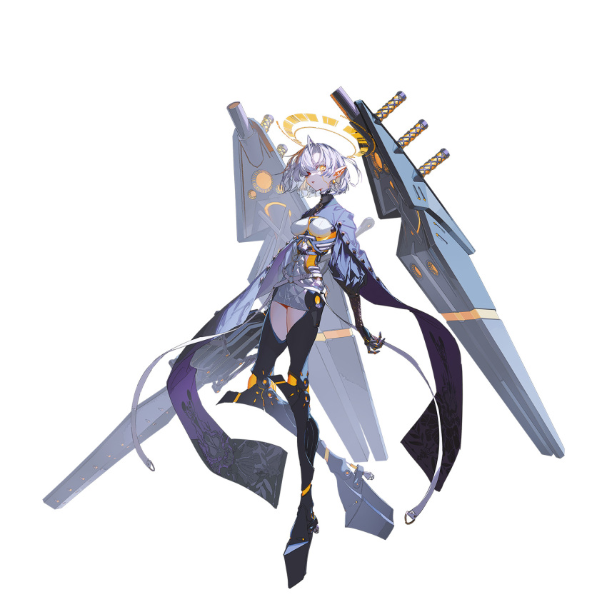1girl, android, breasts, crymachina, dress, earrings, floating, floating_object