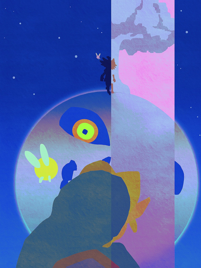 blonde_hair, colored_sclera, fairy, green_tunic, highres, link, majora_(zelda), moon_(zelda), nasagina, night, pointy_ears, shield, shield_on_back, skull_kid, sky, star_(sky), starry_sky, tael, tatl, the_legend_of_zelda, the_legend_of_zelda:_majora's_mask, tunic, yellow_sclera