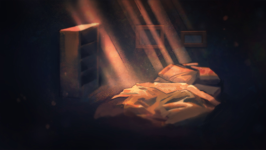 absurdres, angela_he, bed, blanket, highres, indoors, light_particles, light_rays