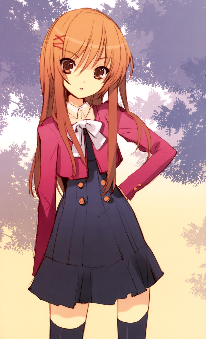 :o, black_thighhighs, brown_eyes, coat, dress, hair_ornament, hairpin, highres