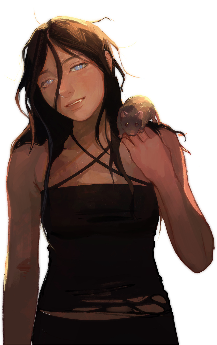1girl, angela_he, animal, animal_on_shoulder, black_hair, black_pants, black_tube_top, cowboy_shot
