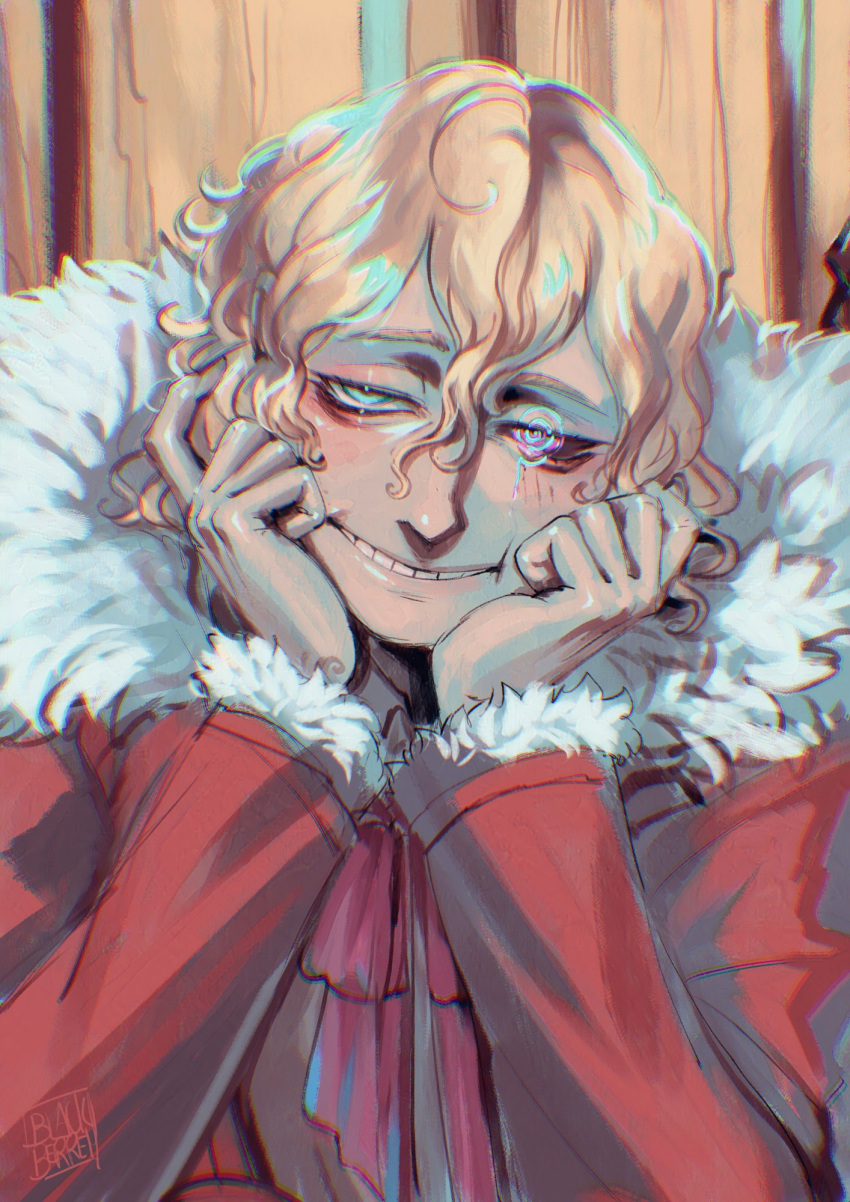 1boy, @_@, black_sclera, blackberreh-art, blonde_hair, blue_eyes, colored_sclera, commentary