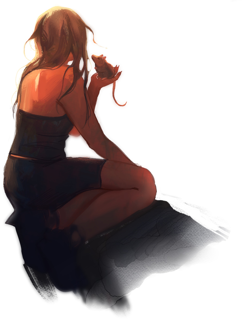 1girl, angela_he, animal_on_hand, backlighting, black_shorts, black_tube_top, facing_away, from_below