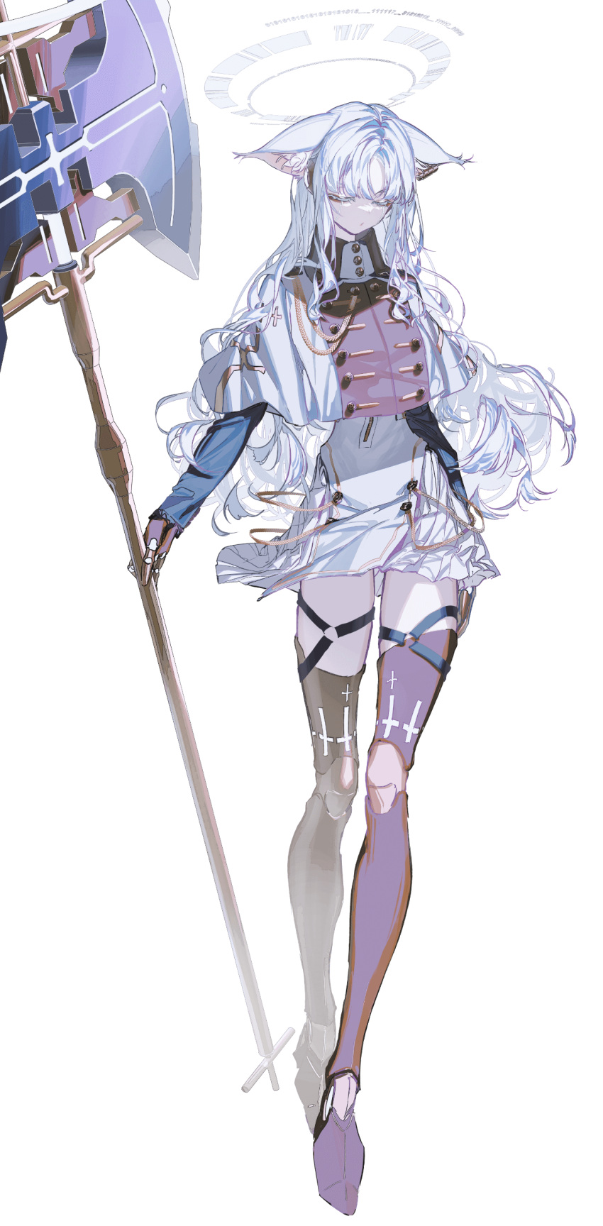 1girl, absurdres, android, animal_ear_fluff, animal_ears, axe, battle_axe, capelet