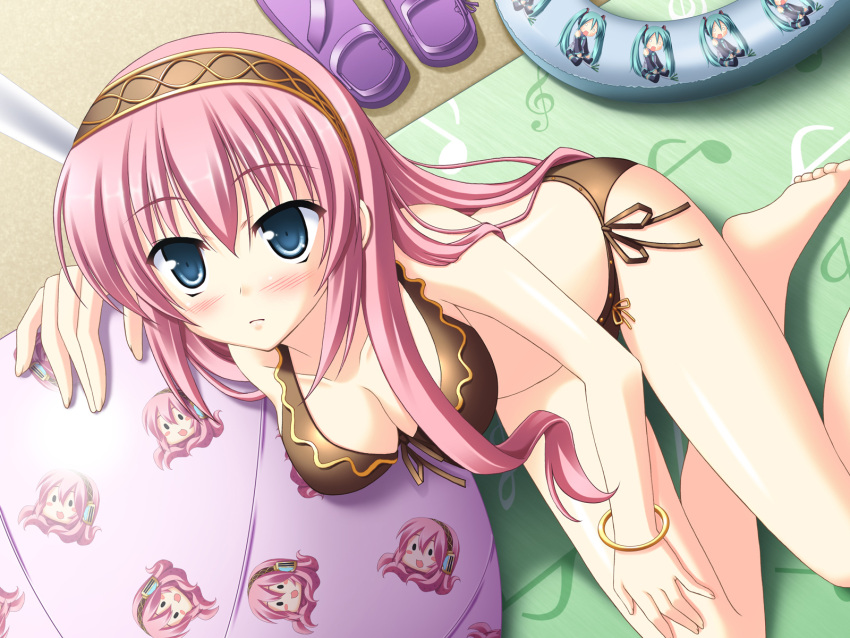 barefoot, beachball, bikini, blue_eyes, blush, bracelet, breasts, chibi_miku