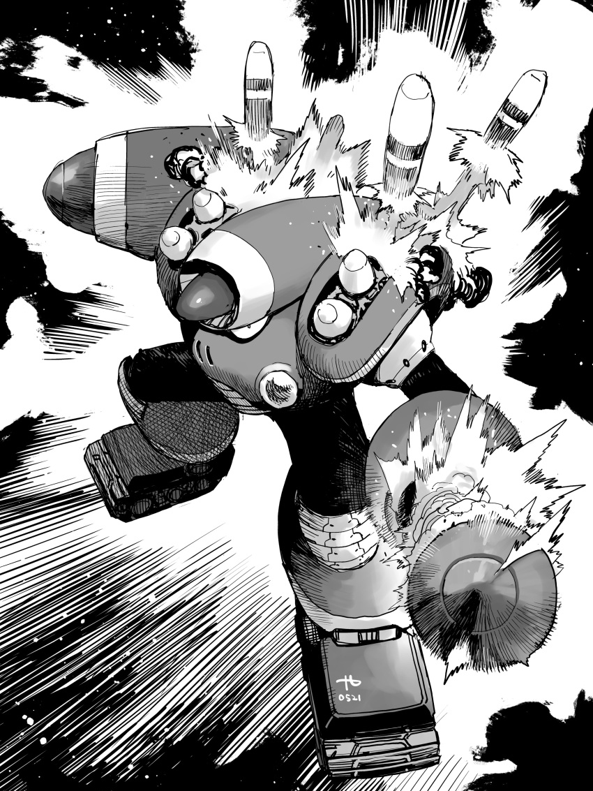 absurdres, arm_cannon, commentary, dual_arm_cannons, english_commentary, explosion, greyscale, highres