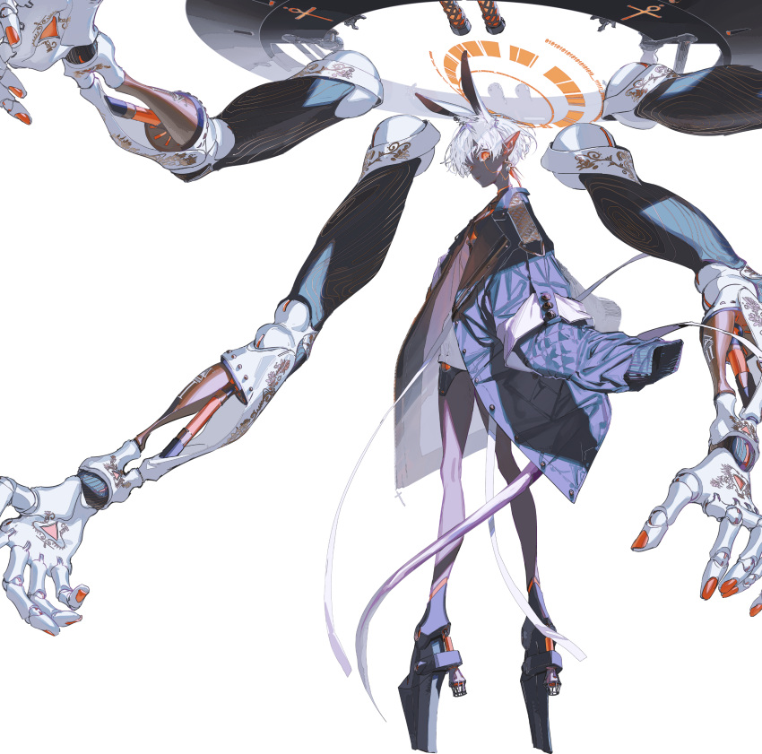 1girl, absurdres, android, animal_ears, coat, crymachina, dark-skinned_female, dark_skin, extra_arms, extra_ears, flat_chest, full_body, halo, highres, looking_at_viewer, mechanical_arms, noah_(crymachina), official_art, orange_eyes, platform_shoes, pointy_ears, rolua, science_fiction, shoes, slit_pupils, solo, transparent_background, white_hair