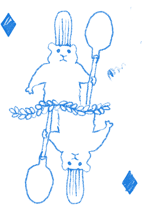 angela_he, animal_focus, chef_hat, diamond_(shape), english_text, hat, holding, holding_spoon