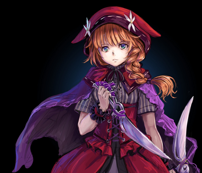 1girl, aqua_eyes, black_background, braid, brown_hair, buttons, closed_mouth, commentary_request, corset, dagger, flower, gradient_background, grimms_echoes, hand_up, holding, holding_dagger, holding_knife, holding_weapon, knife, kosai_takayuki, red_corset, red_hood, red_riding_hood_(grimms_echoes), shirt, short_sleeves, side_braid, single_braid, solo, striped_clothes, striped_shirt, upper_body, weapon, white_flower