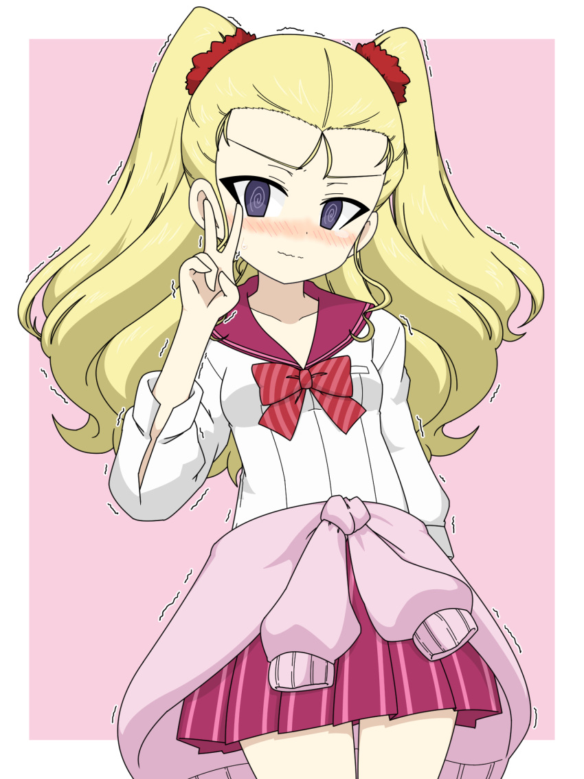 1girl, @_@, alternate_costume, alternate_hairstyle, assam_(girls_und_panzer), blonde_hair, blue_eyes, blush, bow, bowtie, closed_mouth, clothes_around_waist, commentary, embarrassed, girls_und_panzer, gyaru, hair_ornament, hair_pulled_back, hair_scrunchie, highres, ichinose_jun, long_hair, miniskirt, pink_background, pink_sailor_collar, pink_skirt, pink_sweater, pleated_skirt, red_bow, red_bowtie, red_scrunchie, sailor_collar, school_uniform, scrunchie, serafuku, shirt, skirt, solo, striped_clothes, striped_skirt, sweater, sweater_around_waist, trembling, twintails, two_side_up, v, vertical-striped_clothes, vertical-striped_skirt, wavy_mouth, white_shirt
