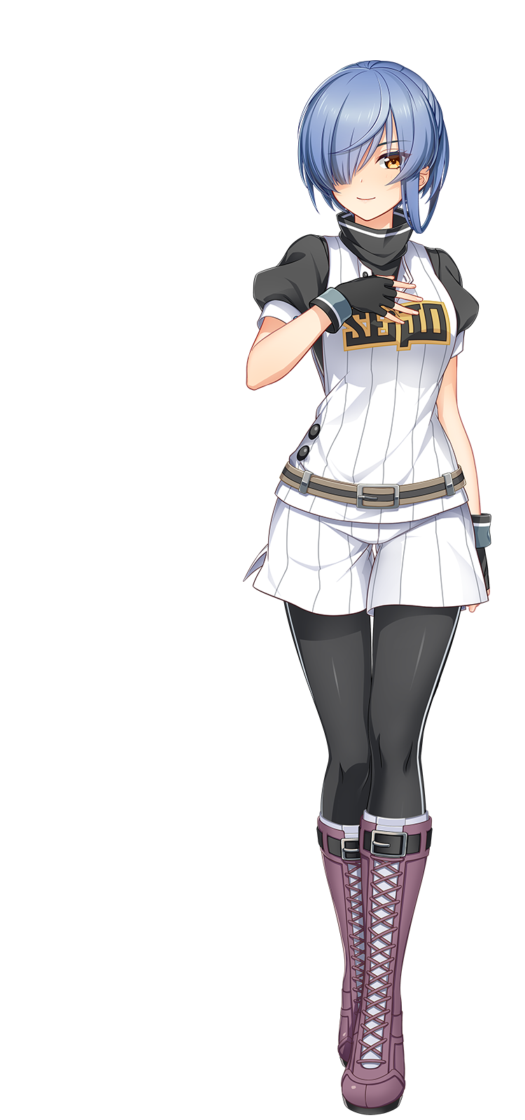 1girl, artist_request, baseball_uniform, belt, black_gloves, black_pants, blue_hair, boots, brown_belt, brown_boots, brown_eyes, cinderella_series, closed_mouth, fingerless_gloves, gloves, hachigatsu_no_cinderella_nine, hair_over_one_eye, hand_on_own_chest, highres, light_smile, looking_at_viewer, official_art, pants, pants_under_shorts, seijou_baseball_uniform, shirt, shirt_under_shirt, short_hair, short_sleeves, shorts, solo, sportswear, striped_clothes, striped_shirt, striped_shorts, toudou_taira, transparent_background, white_shirt