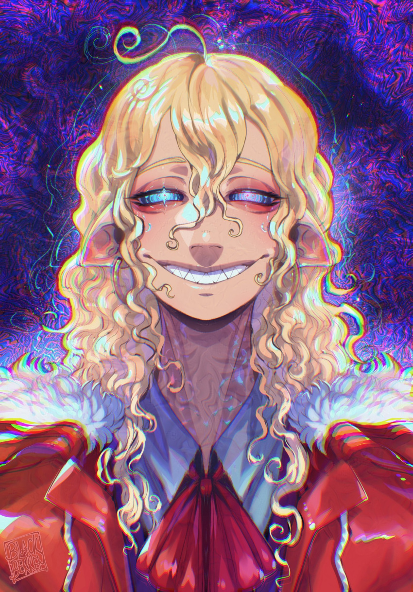 1boy, blackberreh-art, blonde_hair, bow, curly_hair, design_speculation, distortion_(tma), eyelashes