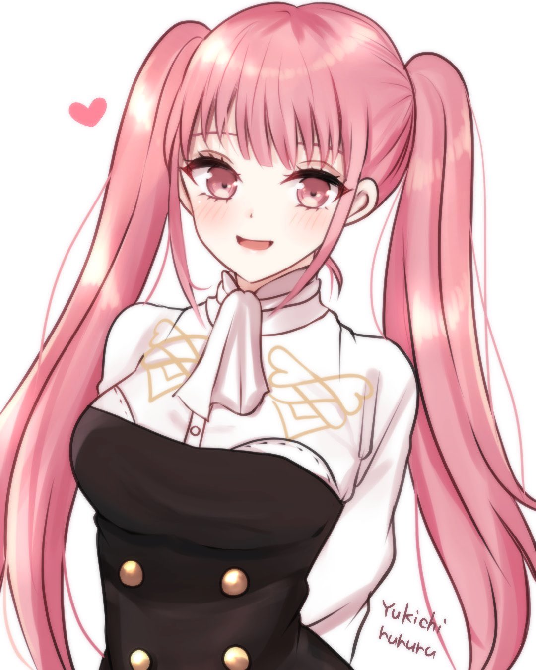 1girl, arms_behind_back, artist_name, ascot, blush, buttons, commentary_request, fire_emblem