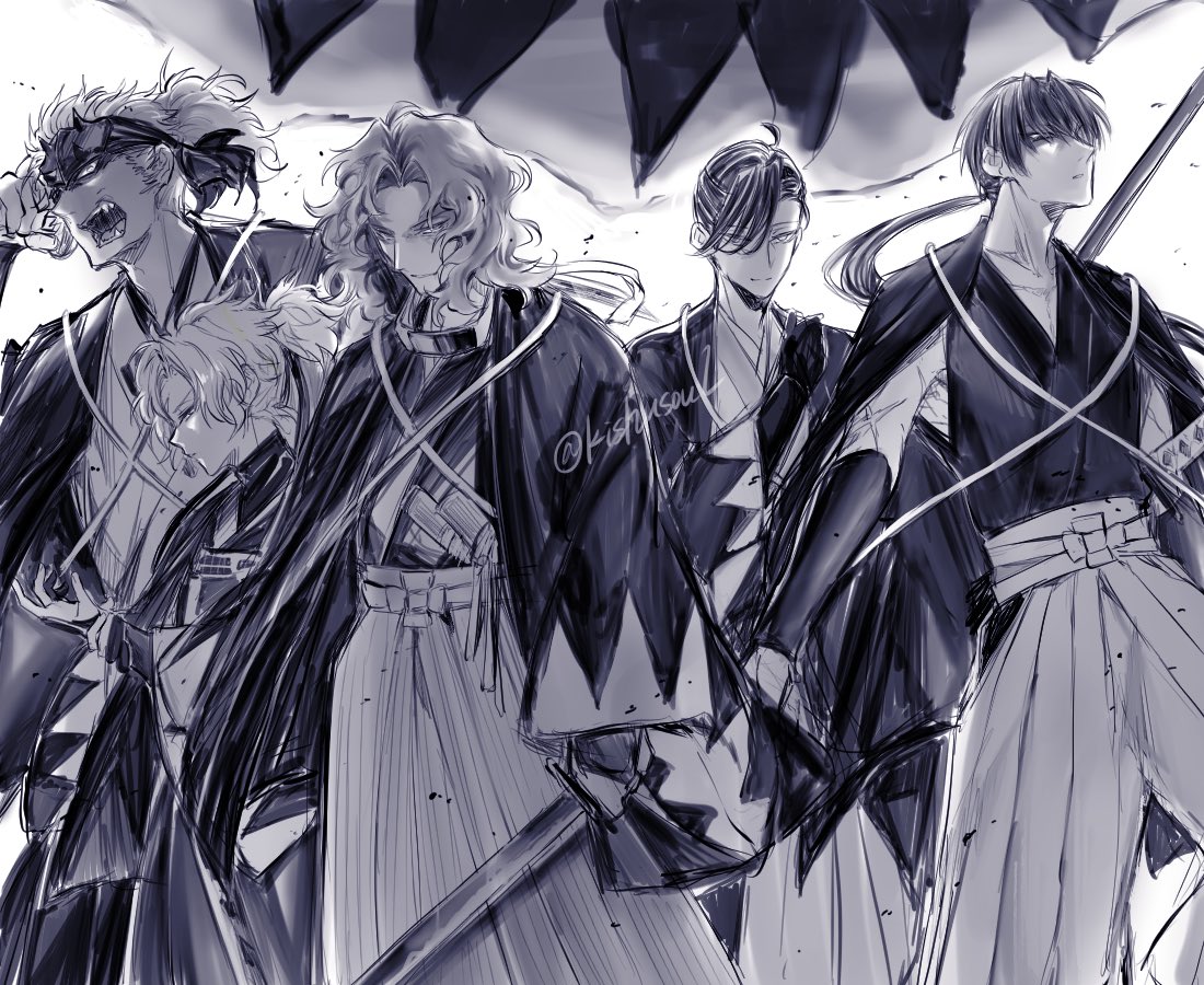 5boys, arm_guards, commentary_request, fate/grand_order, fate_(series), greyscale, hair_pulled_back, hakama