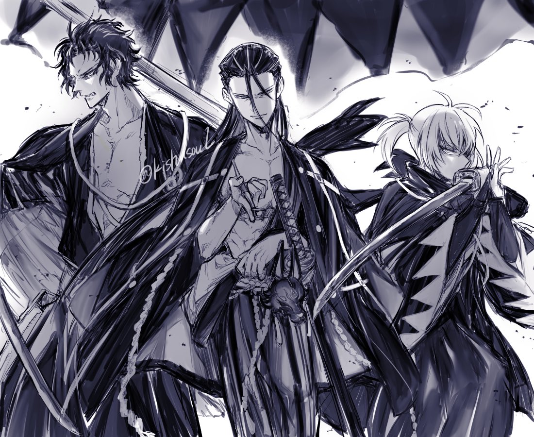 1girl, 2boys, ahoge, black_hakama, black_kimono, black_scarf, commentary_request, fate/grand_order