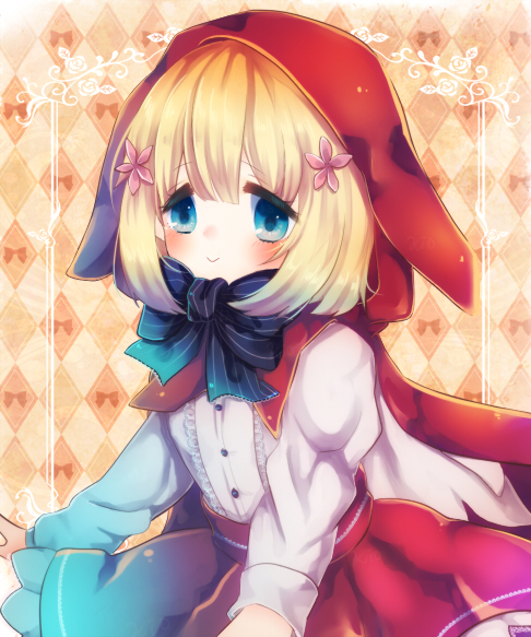 1girl, blonde_hair, blunt_bangs, blush, buttons, closed_mouth, flower, grimms_notes